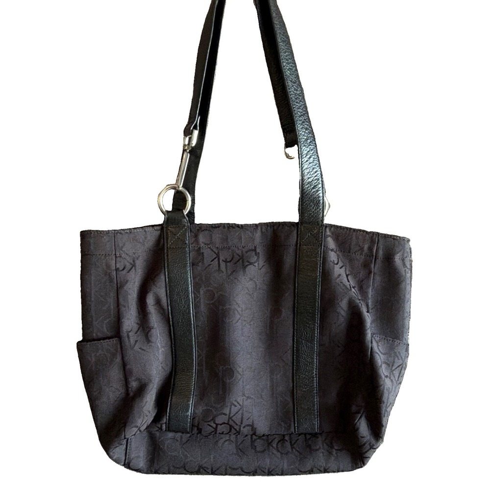 Womens Medium Tote Bag, Calvin Klein, Black, Monogram Logo Jacquard Leather Trim
